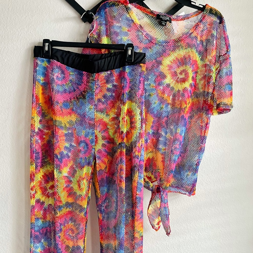 Multicolored Mesh Beach Swimsuit Pants Cover Up Set